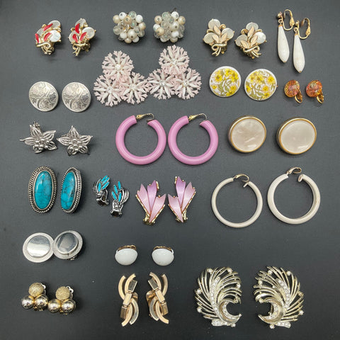 Vintage Costume Jewelry Lot of 20 Pairs Clip On Earrings Rhinestone Lucite