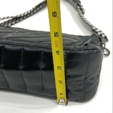 Think Royln Black Quilted Puffer Crossbody Bag Checkered Strap Gunmetal