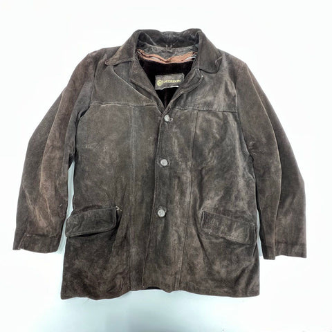 Vintage 80s Deerskin Men's Suede Leather Chore Coat Brown Faux Fur Lined L