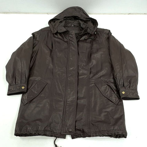 Vintage 90s Jacqeline Ferrari Brown Genuine Leather Hooded Parka Jacket Men's L