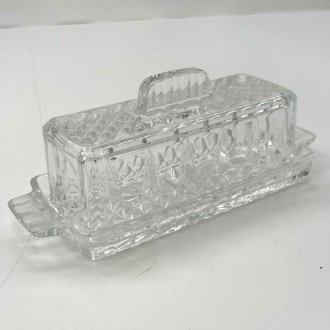 Vintage Pressed Glass Diamond Point Butter Dish & Salt Pepper Shaker Set Clear