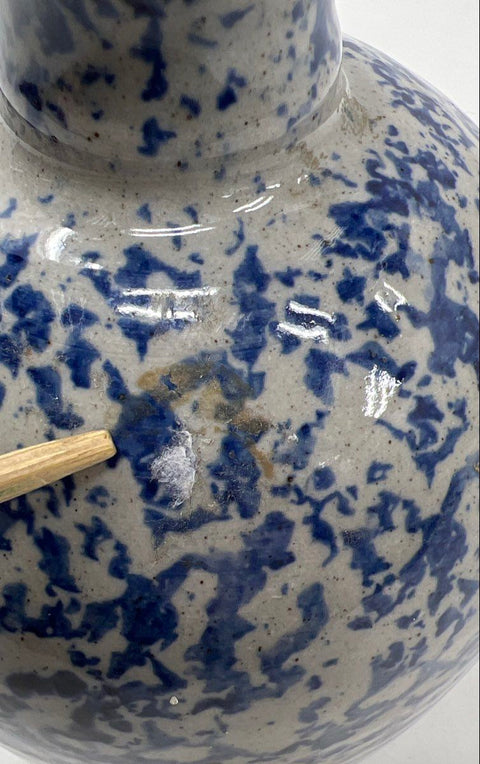 Vintage Spongeware Ceramic Table Lamp Blue and White Splatter Glaze 10 Inch