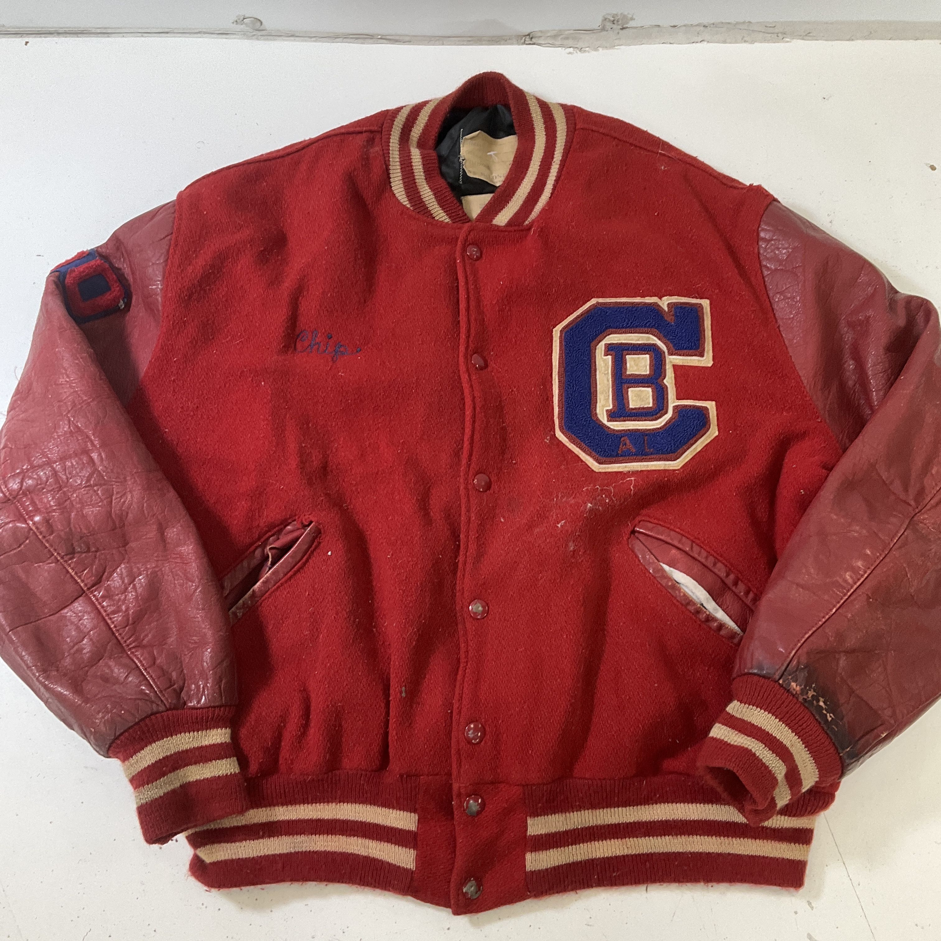 Vintage DeLong Red Distressed Varsity Letterman Jacket Council Bluffs IA Size 48