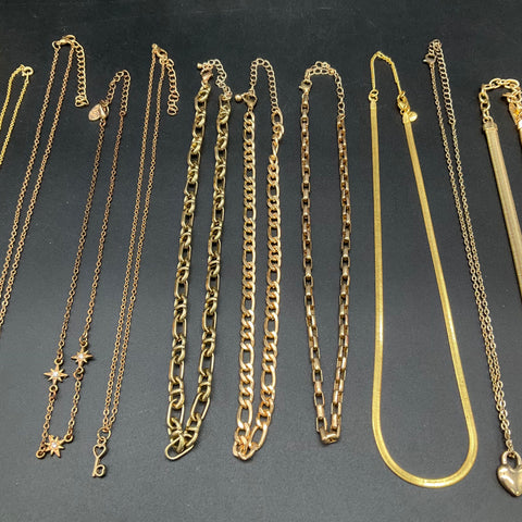 Gold Tone Necklace Lot of 14 Curb Herringbone Snake Chains Mixed Styles