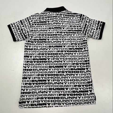 Psycho Bunny Boys White Black All Over Logo Print Pique Polo Shirt Sz L 14/16