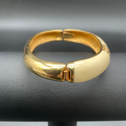 Vintage Swarovski Gold Tone Cream Enamel Crystal Hinged Bangle Bracelet 6.5"