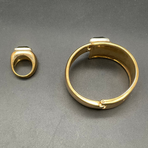 RLM Studio SOHO Gold Tone Green Stone Cuff Bracelet & Ring Set Size 8