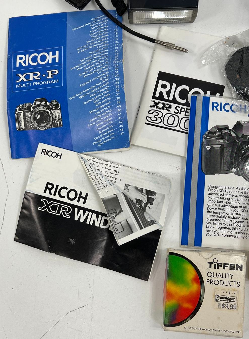 Vintage 80s Ricoh XR-P 35mm SLR Film Camera Lot Flash Winder 50mm Lens