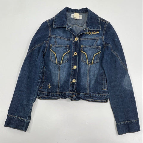 Vintage Y2K Baby Phat Women's Blue Jean Jacket Embroidered Cat Logo Sz M