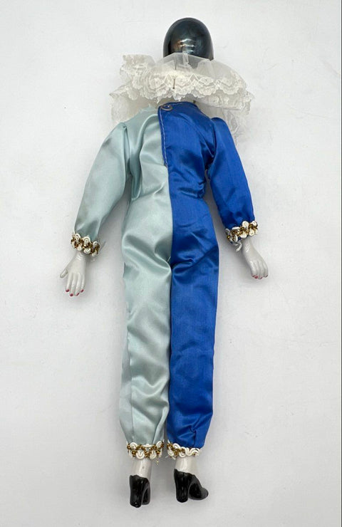 Porcelain Harlequin Pierrot Doll Blue Silver Satin 17 Inch Vintage With Box