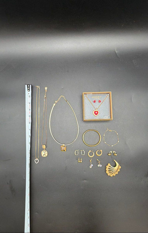 Vintage Monet Costume Jewelry Lot Gold Tone Necklaces Earrings Brooch 14 Pcs