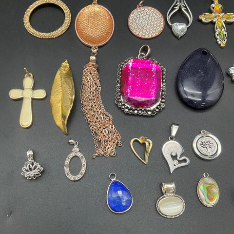 Mixed Costume Jewelry Pendant Lot of 32 Cross Heart Stone Tassel Pendants