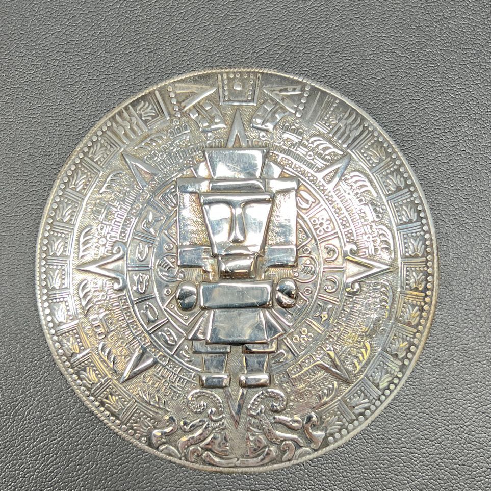 Vintage FVM 925 Sterling Silver Mexico Mayan Aztec Style Calendar Brooch Pendant