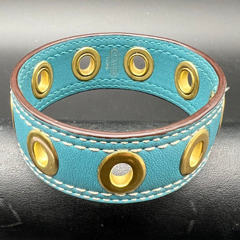 Coach Teal Leather Gold Tone Grommet Bangle Bracelet 2.5" Diameter Signed