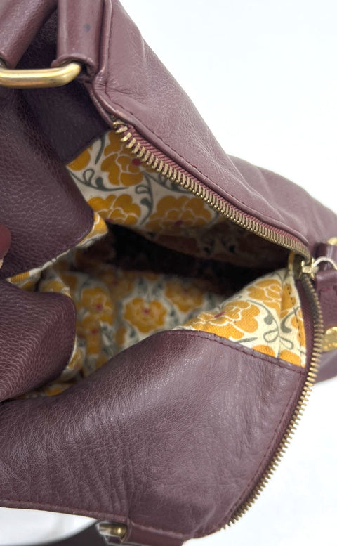 Emma Fox Burgundy Plum Pebbled Leather Frame Hobo Satchel Bag Gold Hardware