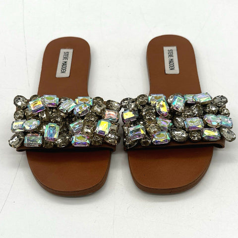 Steve Madden Brielle Jeweled Slide Sandals Tan Iridescent Gems Size 7M