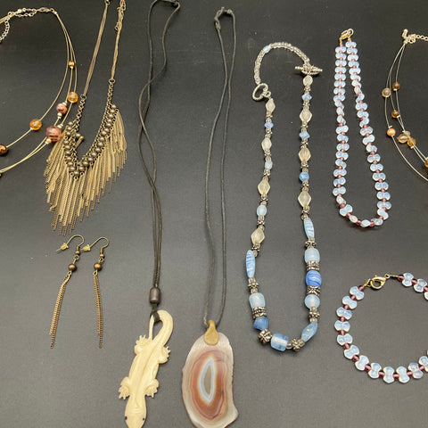 Boho Eclectic Jewelry Lot 10 Pieces Agate Fringe Beaded Necklaces Earrings