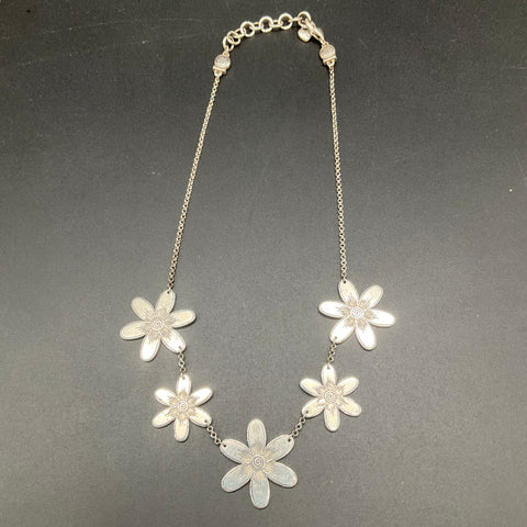 Brighton Dazzle Bloom Silver Tone Flower Station Necklace Clear Crystals 18"