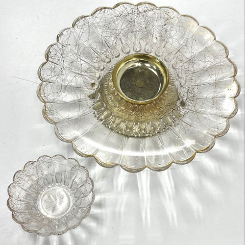 Mid-Century Atomic Glass Chip and Dip Set Gold Black Veined Scalloped 2 Piece
