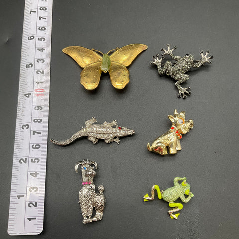 Vintage Costume Jewelry Lot 6 Animal Brooches Rhinestone Enamel Frog Butterfly