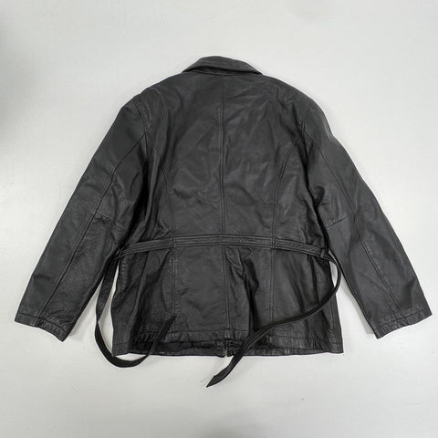Vintage 90s Jacqueline Ferrar Belted Black Leather Jacket Sz XL