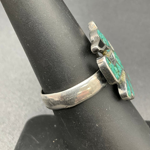 Sterling Silver Turquoise Chip Thunderbird Ring Southwestern Style Size 7.5