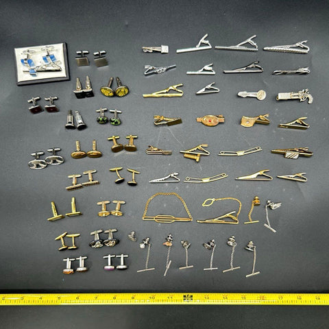 Vintage Men's Jewelry Lot Cufflinks Tie Clips Tacks Pins Gold Silver 50pc