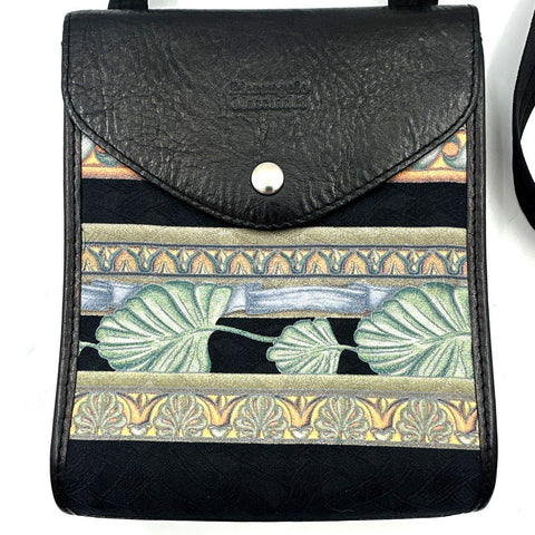 Pierangelo Masciadri Black Leather Silk Art Print Crossbody Bag Made in Italy
