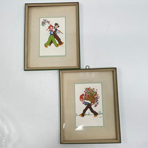 Vintage E. Martin Framed Print Lot 2 Mid-Century Folk Art Dutch Style Children