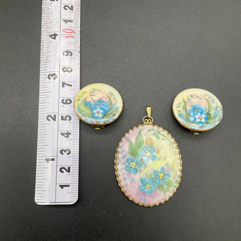 Vintage Hand Painted Porcelain Forget Me Not Floral Pendant & Clip-On Earrings