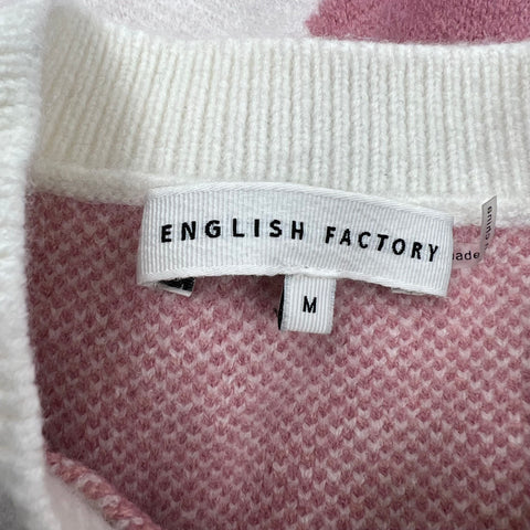 English Factory White Pink Heart Print Faux Pearl Knit Sweater Women's M