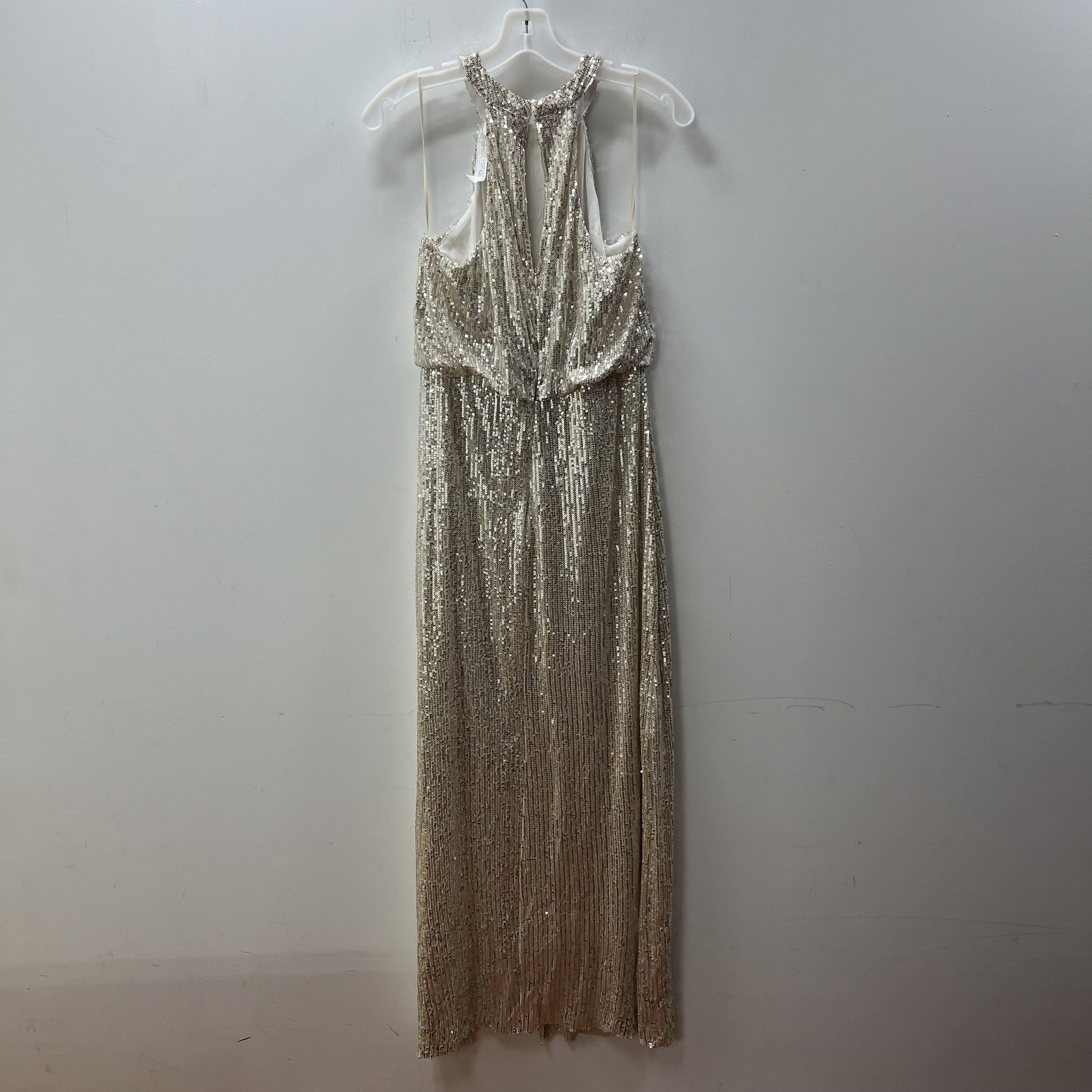 Lot of 2 Scrap Work Boutique Sequins Ivory Formal Dress Leg Slit Halter Med NWT