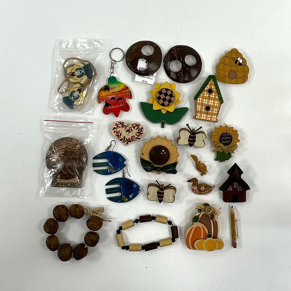 Assorted Costume Jewelry Pins Brooches Wooden Painted Flowers Bugs Natural Theme