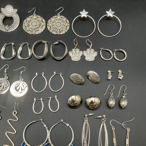 Silver Tone Earrings Lot of 38 Pairs Hoops Dangles Studs Vintage to Modern