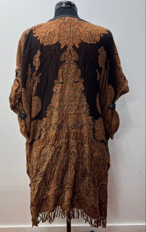 Vintage 90s Dilemma Paisley Knit Fringe Poncho Wrap Snap Tab Sleeves Sz OS