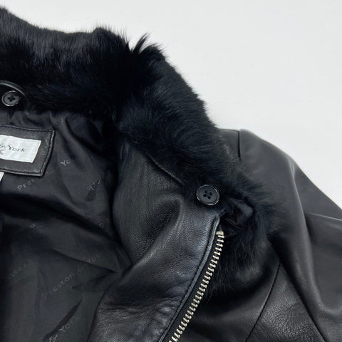 Preston & York Women's Black Lambskin Leather Jacket Rabbit Fur Collar Sz L