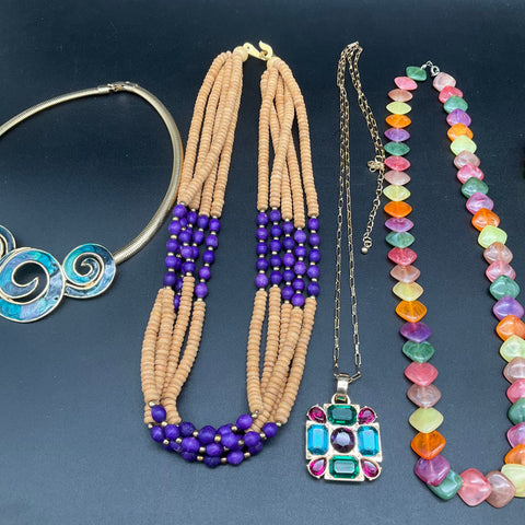 Statement Necklace Jewelry Lot 9pc Beaded Shell Enamel Wood Boho Vintage Style