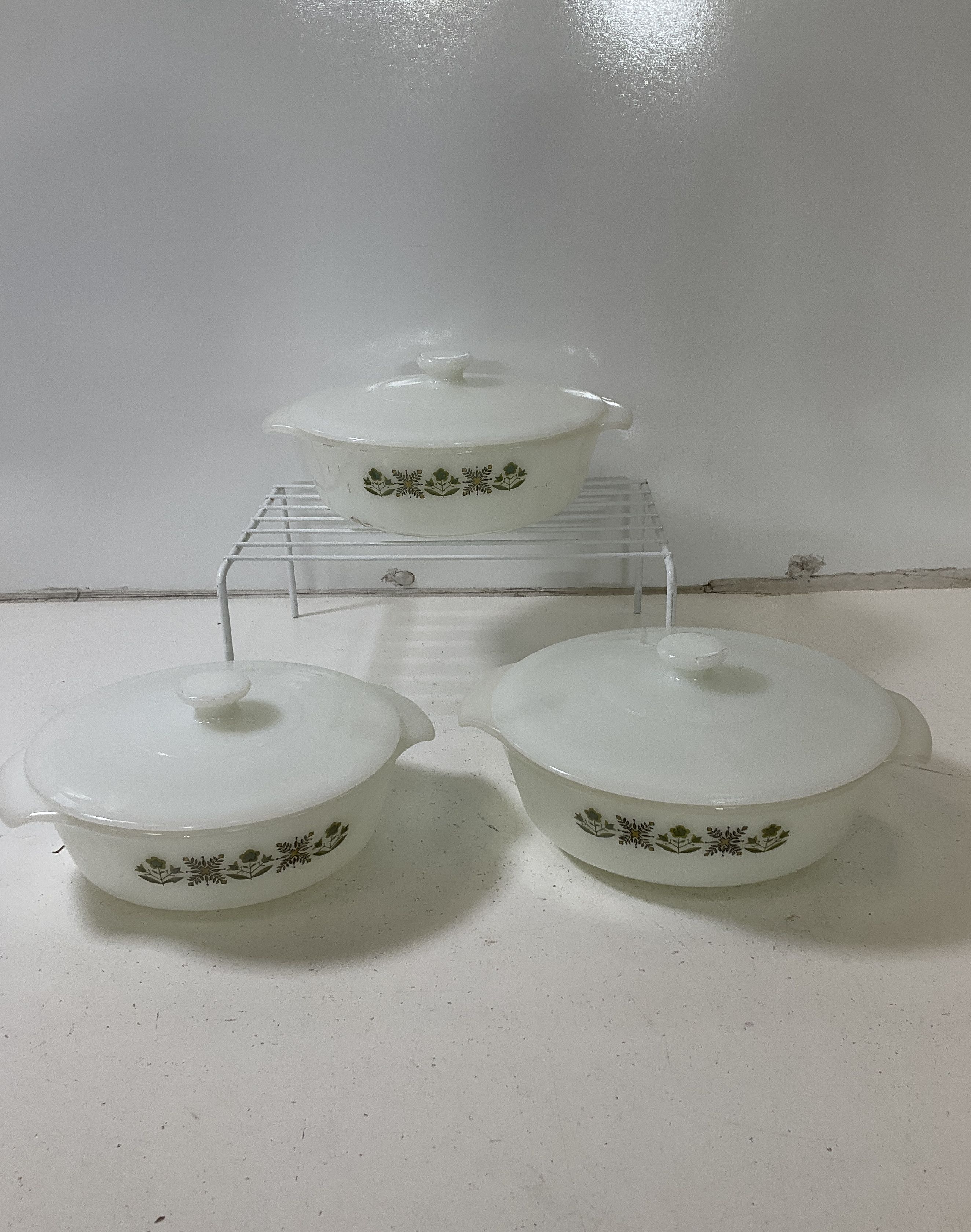 Vintage Fire-King Casserole Dish Lot 4 Meadow Green Gay Fad Fruit Milk Glass