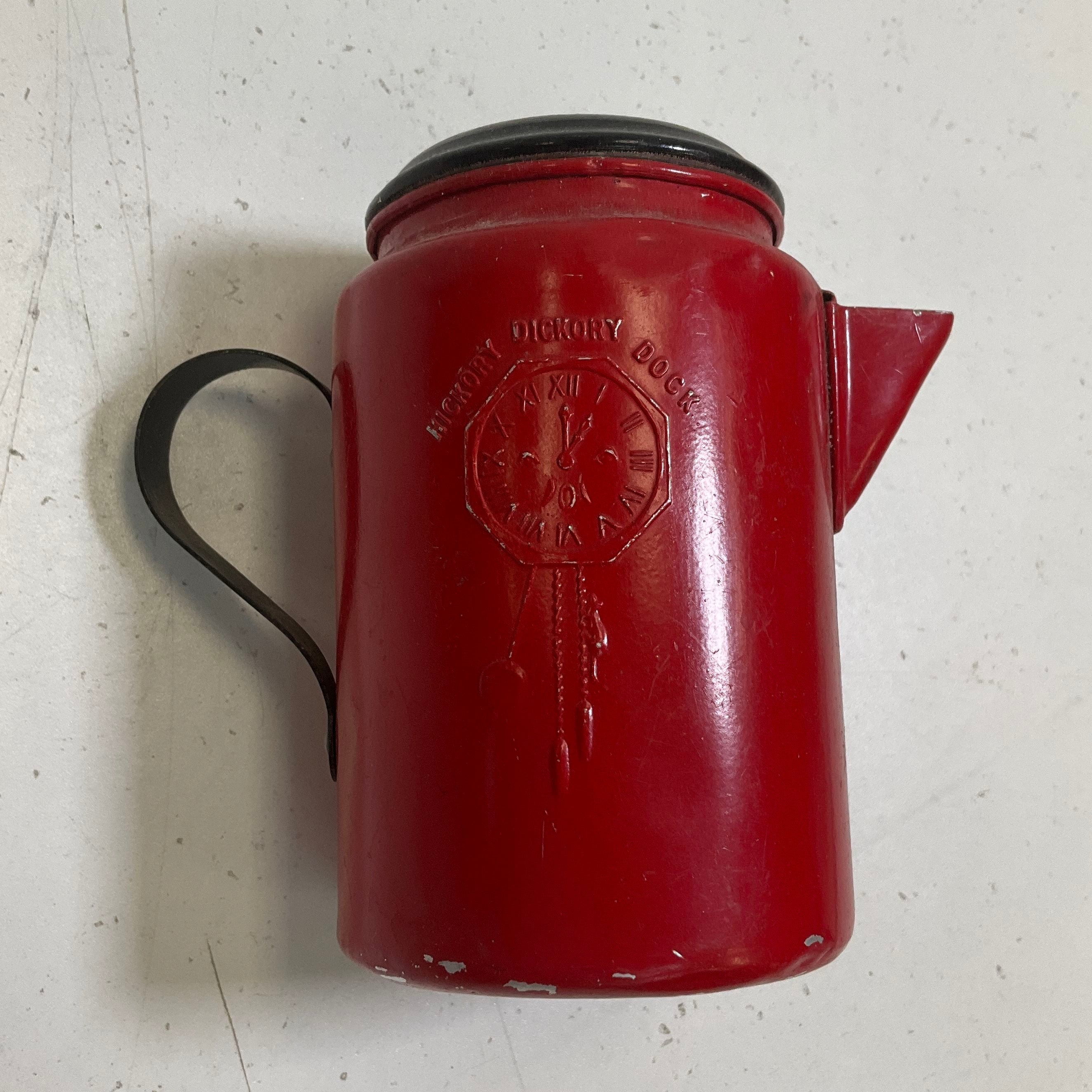 Vintage Red Metal Hickory Dickery Dock Toy Coffee Pot Child's Play Kitchen