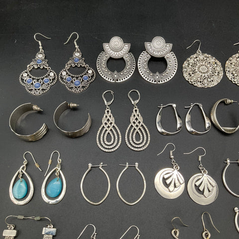 Silver Tone Earrings Lot of 38 Pairs Hoops Dangles Studs Vintage to Modern