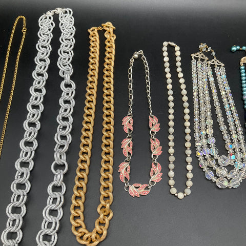 Vintage Costume Jewelry Lot 9 Necklaces Faux Pearl AB Glass Bead Gold Silver
