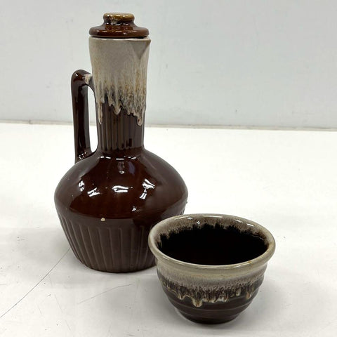 Vintage MCM Monmouth Pottery Syrup Pitcher & Bowl Set Drip Glaze Made in USA
