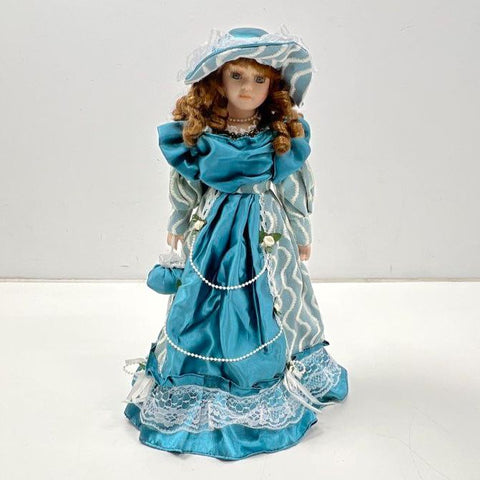 Porcelain Doll Victorian Style Teal Blue Dress 18 Inch Vintage Collector Item