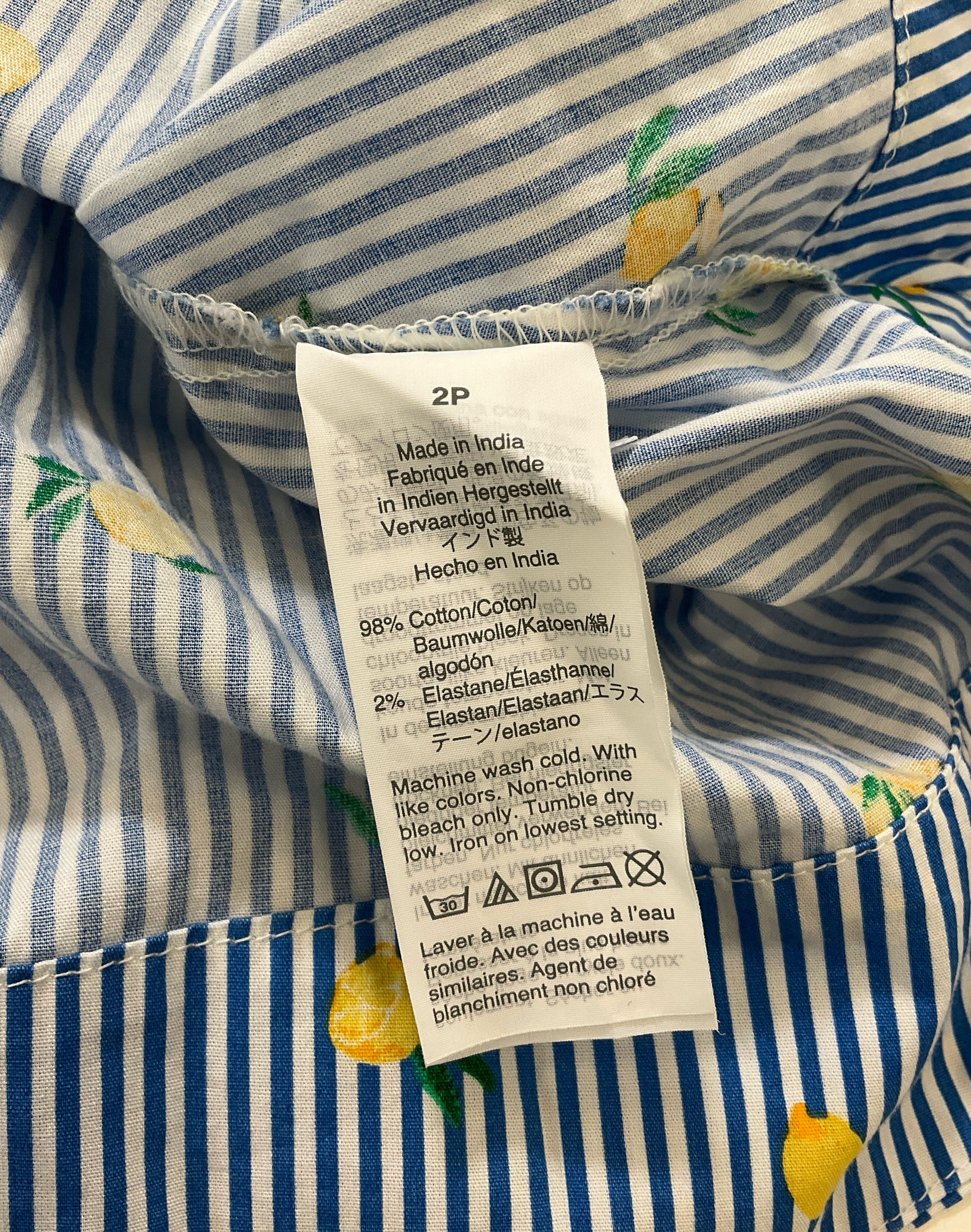J. Crew Women's Blue & White Striped Lemon Shirt Dress Sleeveless Sz 2P NWT $89