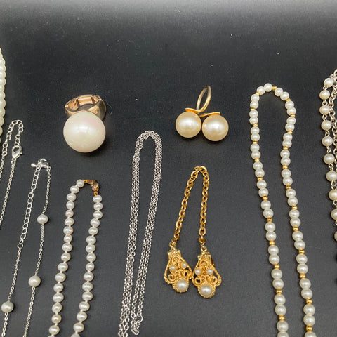 Vintage Faux Pearl Costume Jewelry Lot of 25 Necklaces Bracelets Earrings Ring