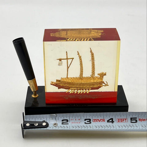 Korean Turtle Ship Pen Holder Geobukseon Lucite Desk Accessory Vintage Gold Tone