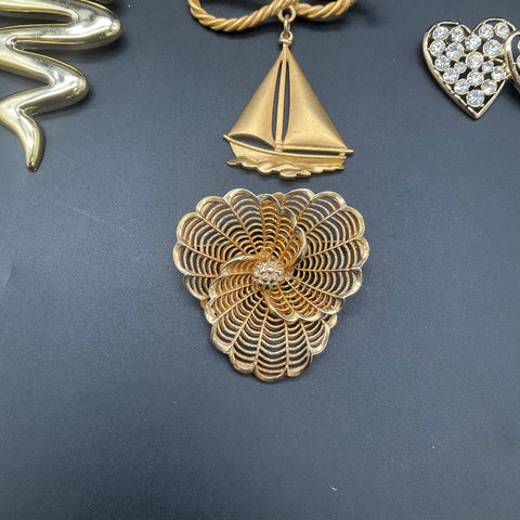 Vintage Monet Gold Tone Nautical Heart Rhinestone Jewelry Brooch Pin Lot of 8