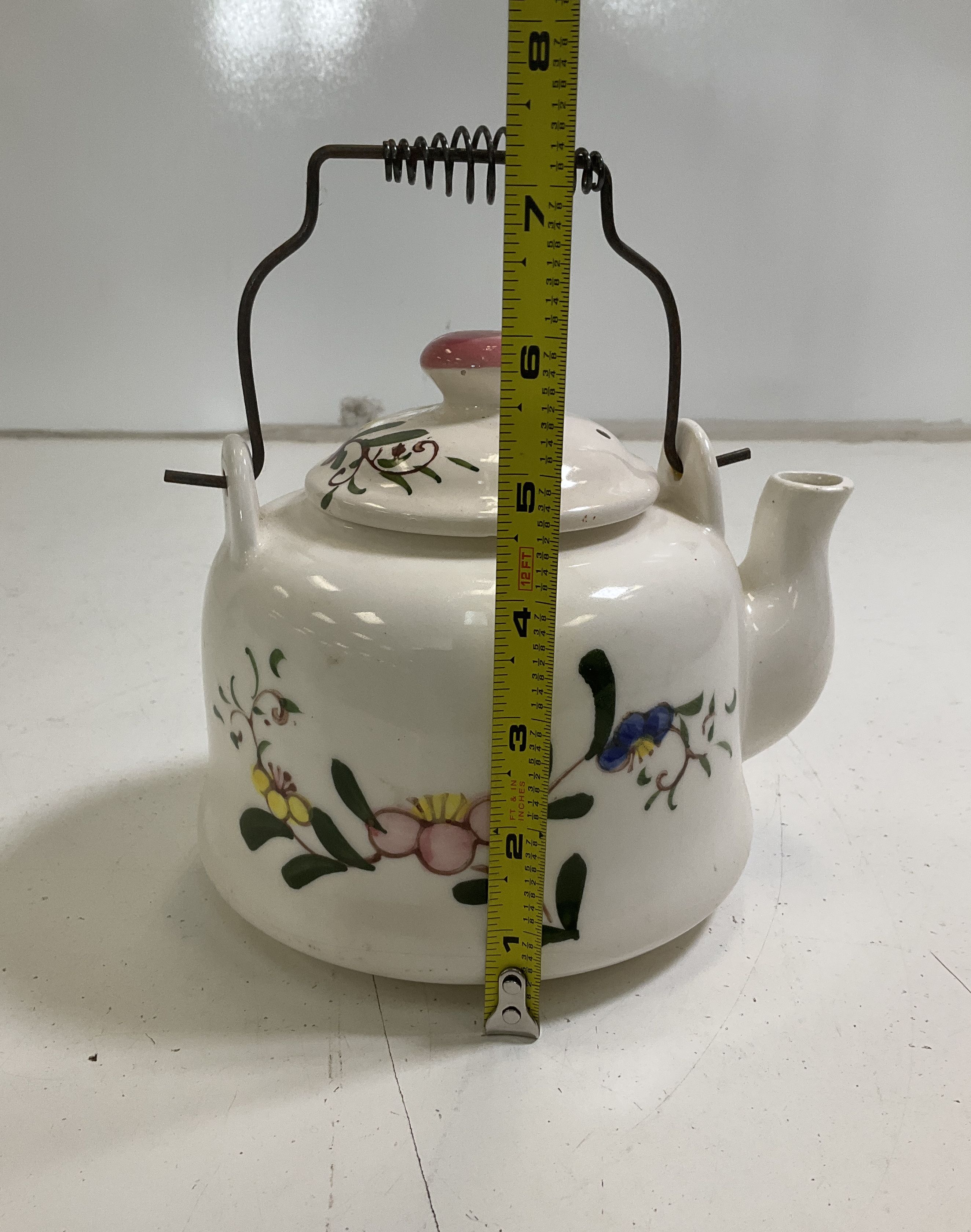 Vintage Hand Painted Floral Ceramic Teapot Kettle White Metal Bail Handle