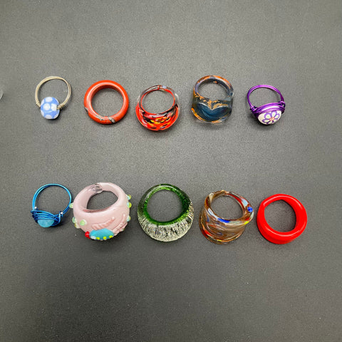 Vintage Boho Art Glass Resin Jewelry Lot of 10 Statement Rings Wire Wrapped