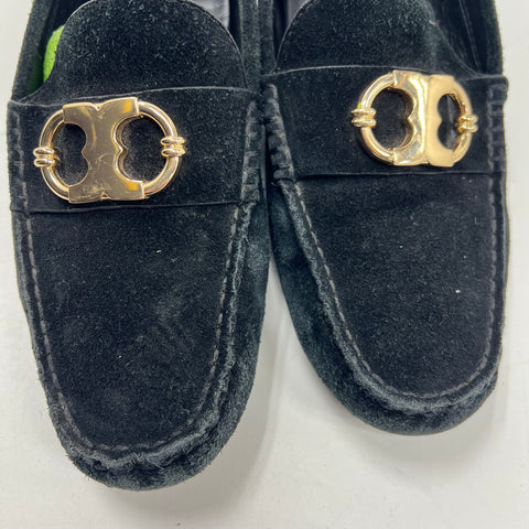 Tory Burch Howell Court Black Suede Gold Logo Driving Loafers Women's Size 7
